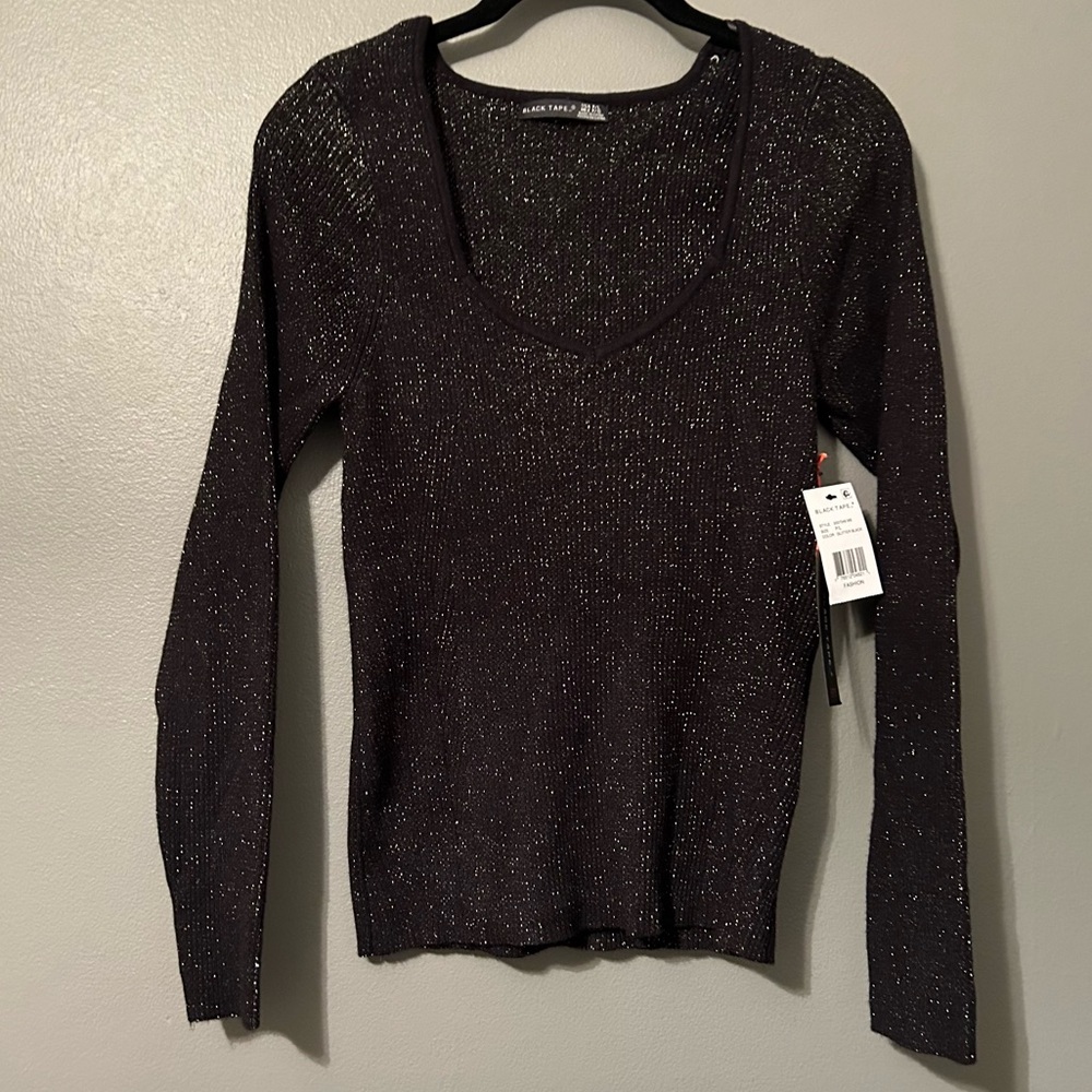 NWT Black Tape_ Sz Petite Large Scoop neck Black Glitter Long Sleeve Blouse Top!